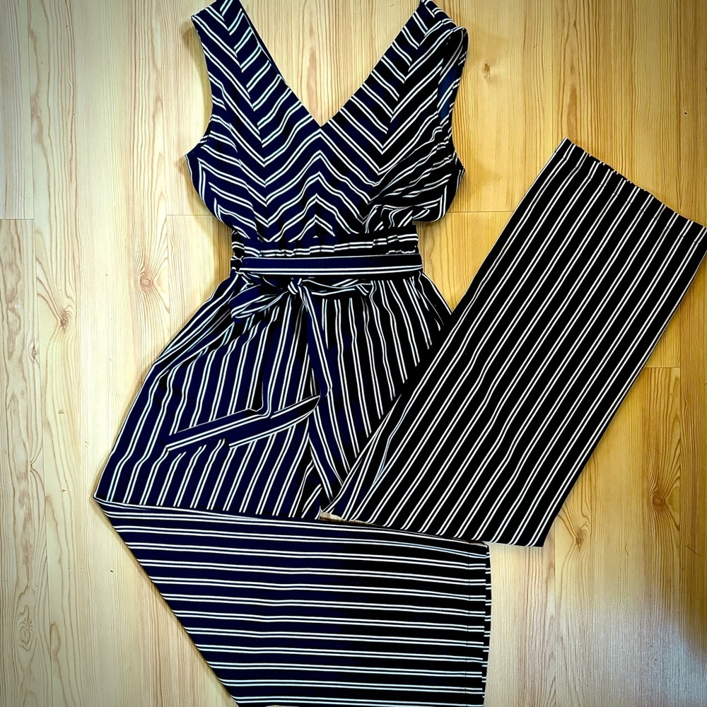 Monteau Navy and White Striped Sleeveless Jumpsuit